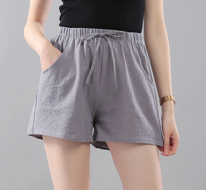 Women Summer Shorts Korean Wide Leg Casual Solid Drawstring Elastic Waist Cotton