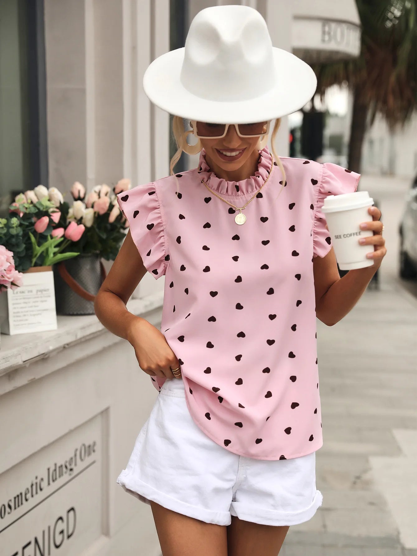 Fashion Chiffon Print Women's Shirt Ruffle Short Sleeve