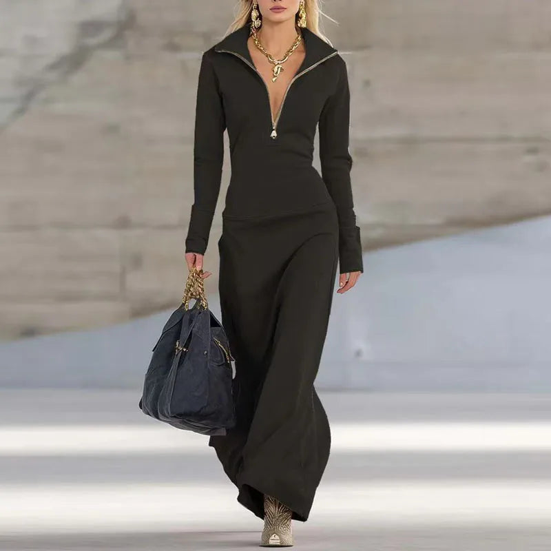 Elegant Long Sleeve Polo Collar Woman A-Line Maxi Dress Casual Slim Solid Zipper