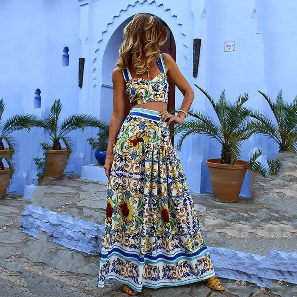 Bohemian Summer Style Two Piece Print A-Line Skirt & Camisole