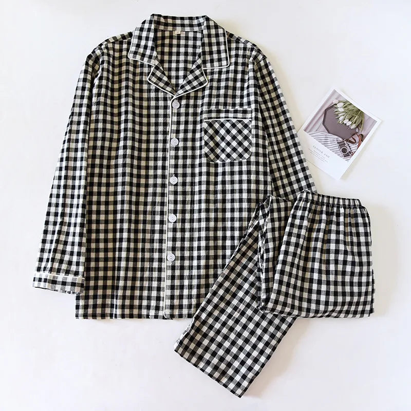 Spring and Autumn Unisex Pajama Set 100% Cotton Men's and Women's Plaid Long Sleeved Two Piece