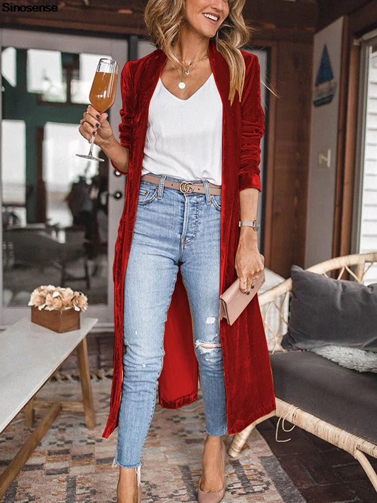 Women Solid Long Sleeve Velvet Jacket With Pockets