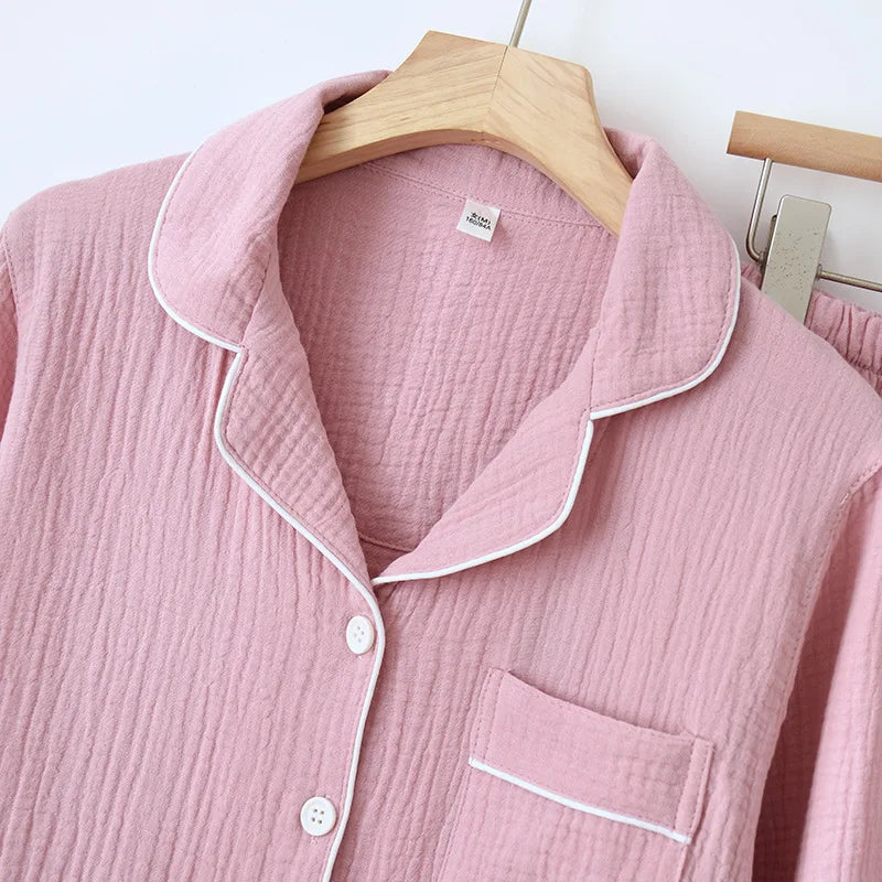 Spring and Autumn Couple Pajamas Set 100%Cotton Crepe Long Sleeve Pants Two Piece Men's and Women's Large Size
