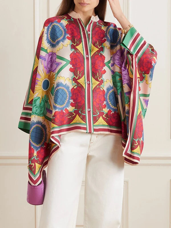 Spring Stylish Women Sleeves Flower Print Stand Collar Blouse