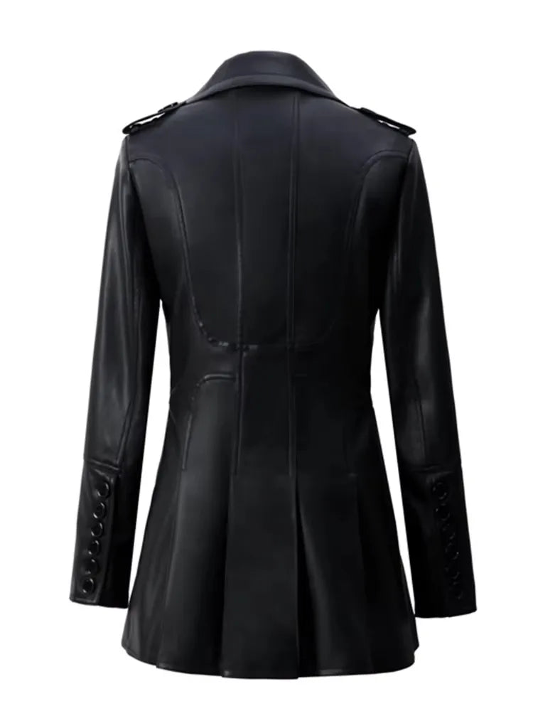 Women Elegant Luxury Fitted Soft Faux Leather Blazer Jacket Double Breasted