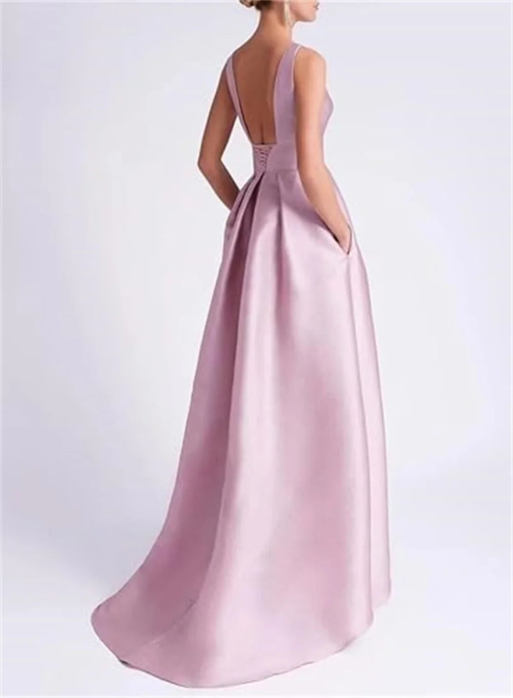 Customized High Low Satin Dresses Wedding Guest Mother of the Bride With Pocket Sleeveless Party Evening Gown