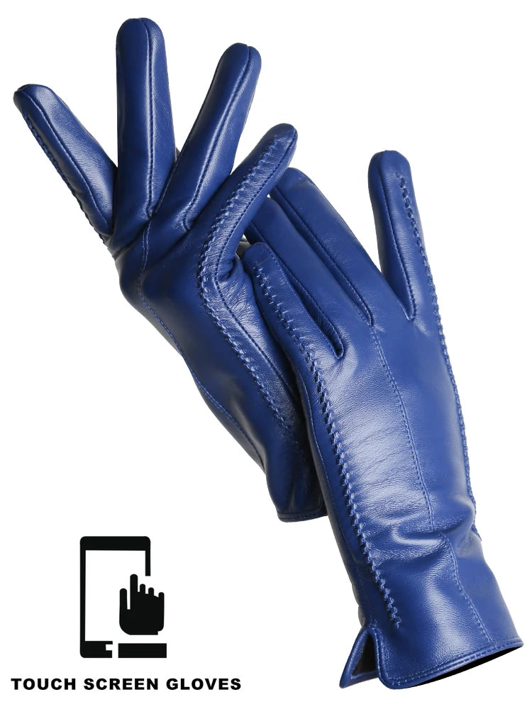 Women's Leather winter warm gloves with velvet thin touch screen
