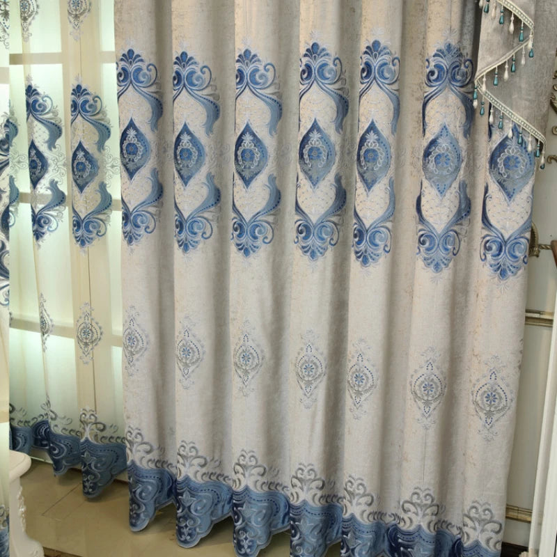Blue Chenille European Embroidery Curtains Custom Size Retro Print Luxury Light Control for Living Room Bedroom Dining