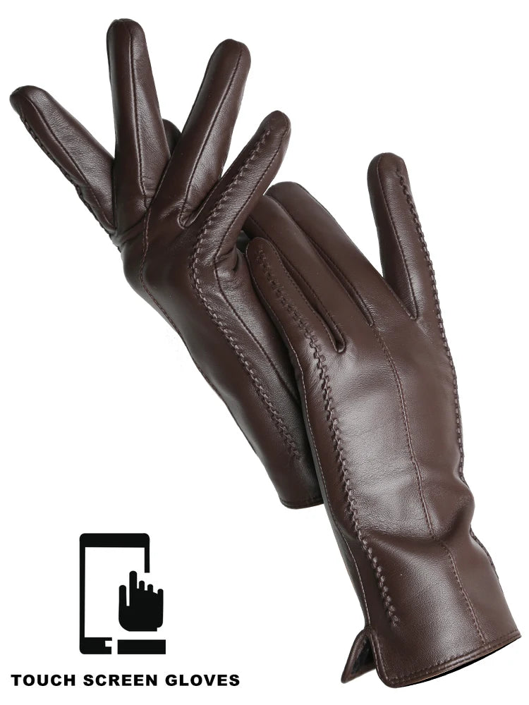 Women's Leather winter warm gloves with velvet thin touch screen