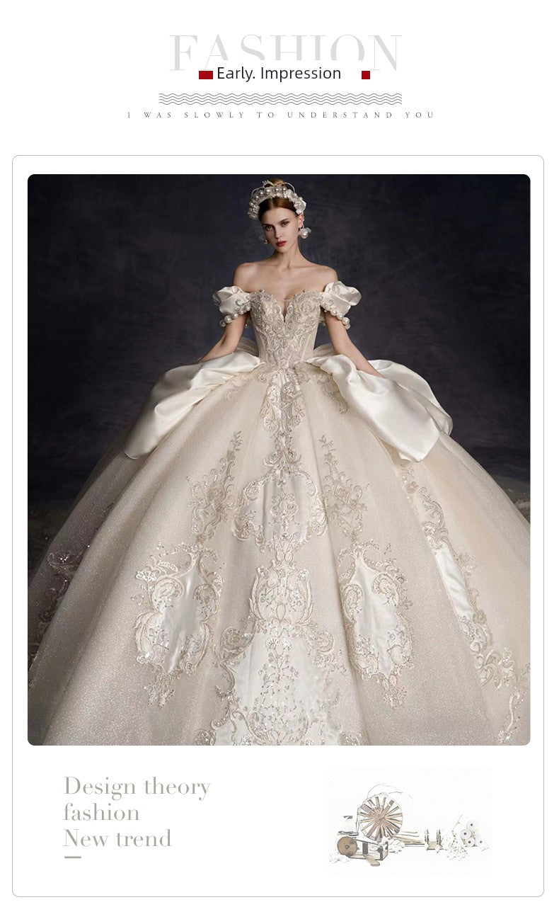 off-Shoulder French Royal Style Retro Wedding Dress