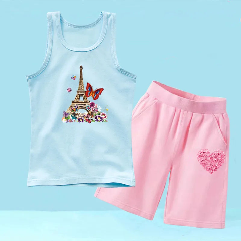 Summer Girls 2PCS Vest Set Perfume Bottle Print Sleeveless Top and Shorts