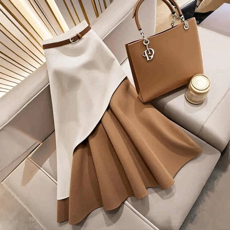 Women's Casual Brown White Patchwork Elegant Skirt Autumn/Winter High Waist Skirts