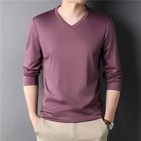 Men Thin Solid Cotton T-shirt Long Sleeve V-Neck Thin