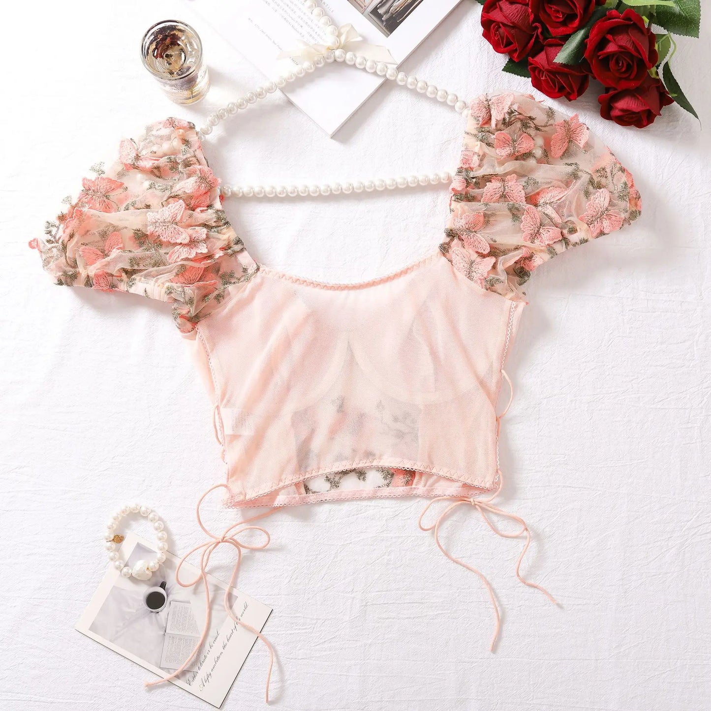 Women Sexy Sheer Lace-Up Puff Sleeves Floral Embroidery Two Piece Set