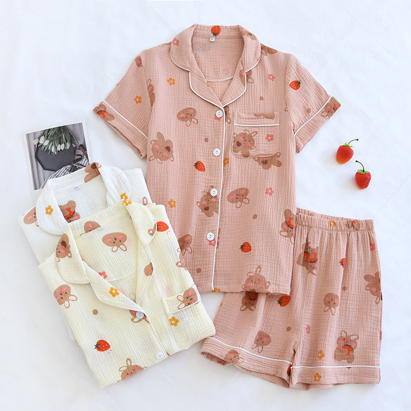 Summer pajamas short-sleeved shorts two-piece cotton crepe