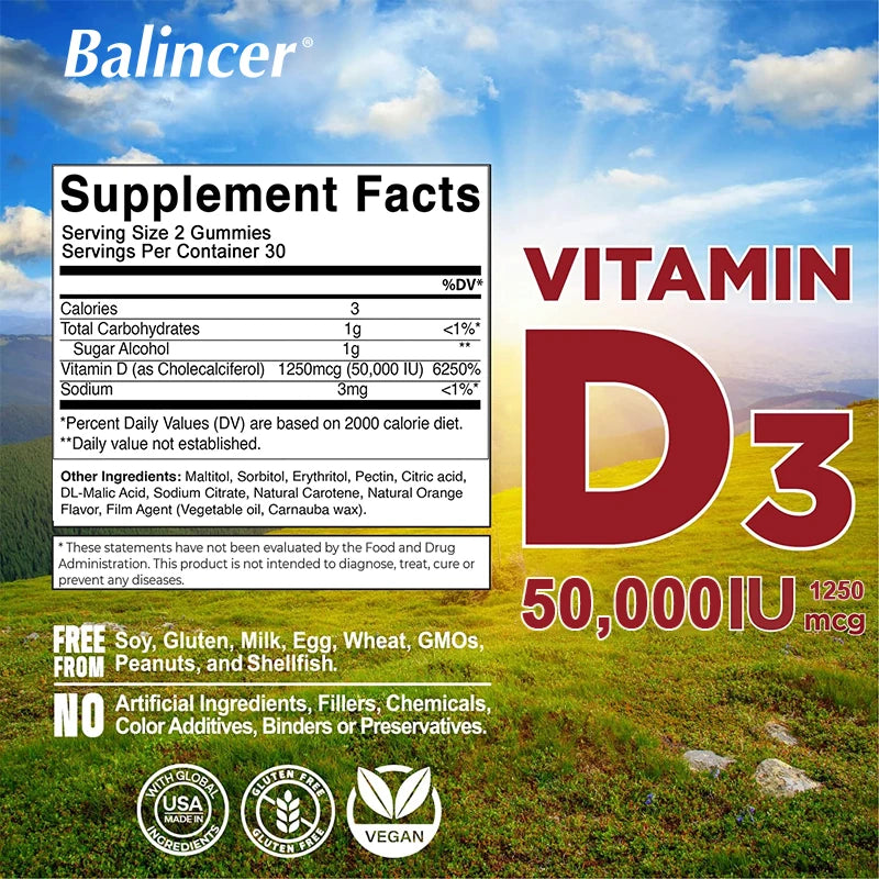 Sugar Free Vitamin D3 Gummies - Supports Mood, Immune System, Energy, Bone, Heart and Joints, Promotes Red Blood Cell Production