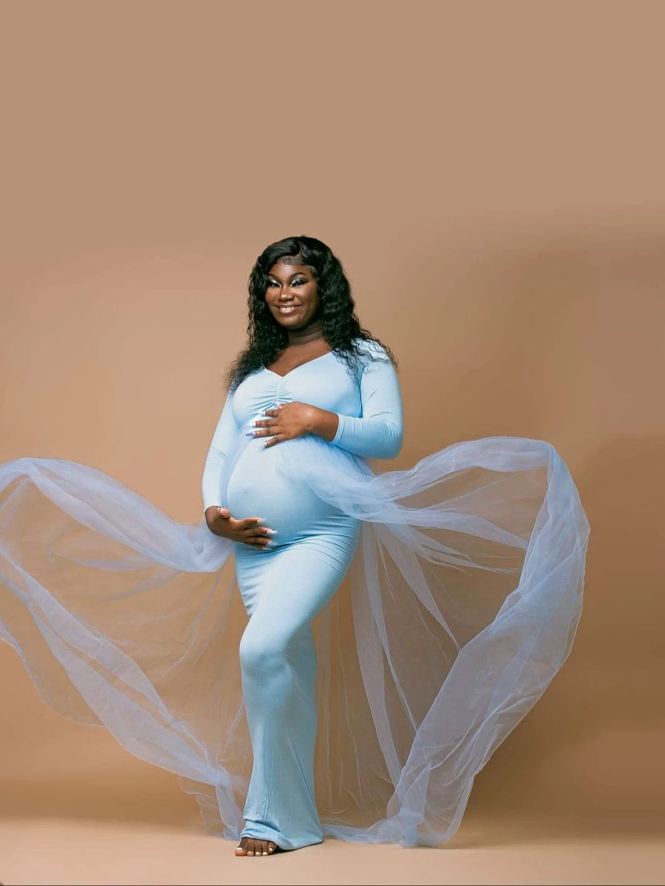 Maternity Long Sleeved Floor Length Mesh Dress