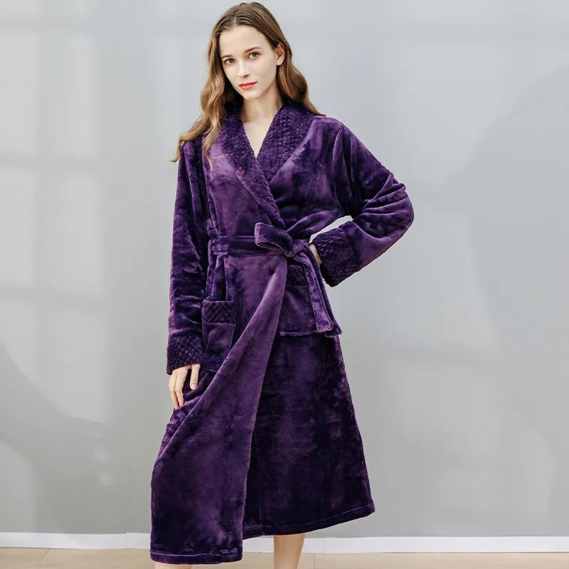 Unisex Autumn/Winter Warm Long Coral Velvet Thick Couple Bath Bathrobes