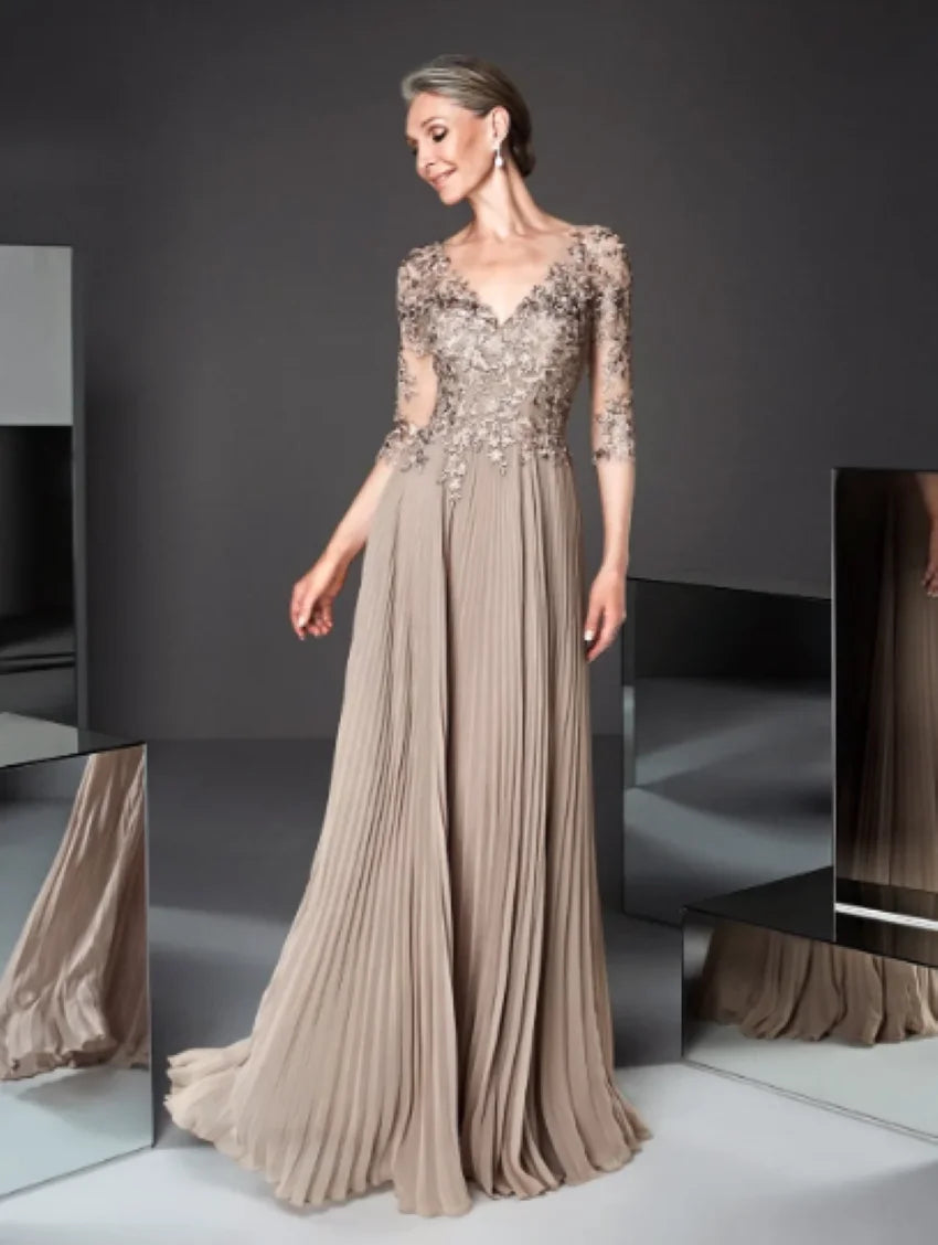 Wedding Party Guest Evening Dresses Femme Robe De Soiree Elegant Champagne Gold Ruched Half Sleeve Long Prom Gown