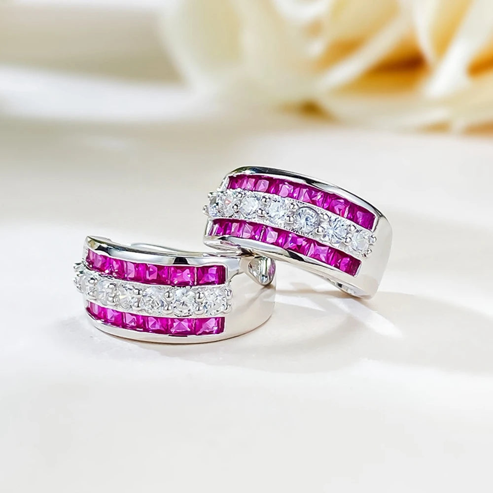 Sapphire Ruby High Carbon Diamond Gems Hoop Earrings for Women 100% 925 Sterling Silver Fine Jewelry