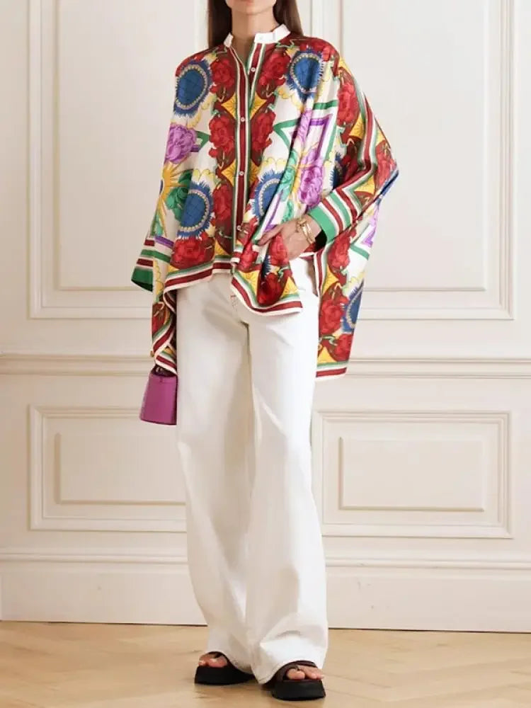 Spring Stylish Women Sleeves Flower Print Stand Collar Blouse