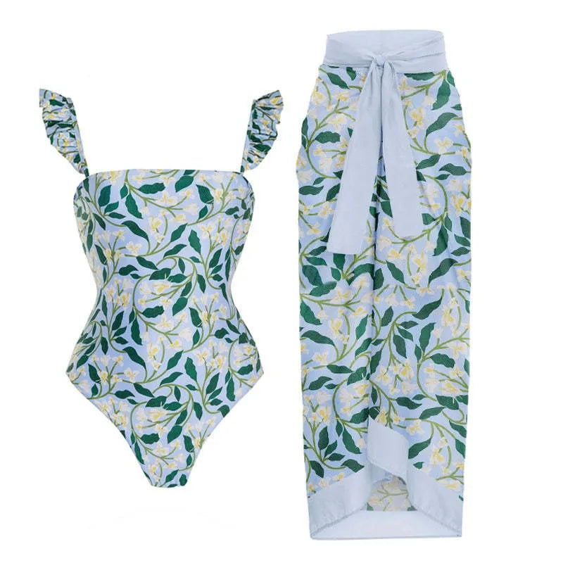 2-Piece Women Brazilian Floral Printed Ruffle Bikinis Strappy Bandage Swimwear