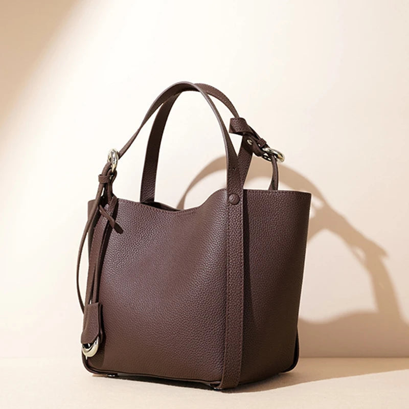 Luxury Genuine Leather Crossbody Shoulder Bag, Cowhide Bag Large Capacity Bucket Handbag