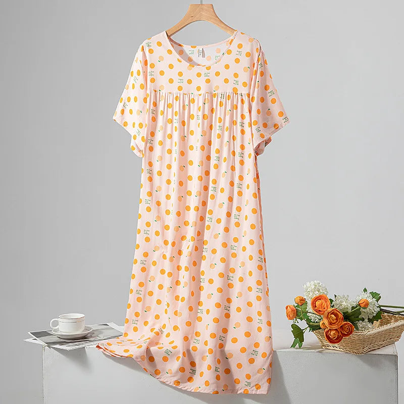 Summer Women Nightgown Short Sleeve Round Neck