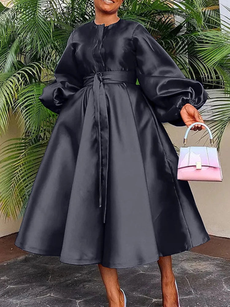 Satin Puff Sleeve Evening Dress for Women Pleated A-Line Round Neck Elegant Party Midi Dress with Belt