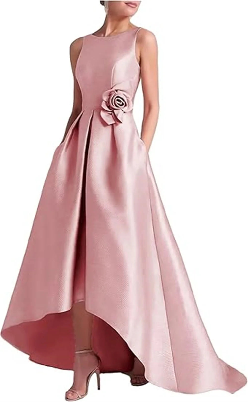 Customized High Low Satin Dresses Wedding Guest Mother of the Bride With Pocket Sleeveless Party Evening Gown