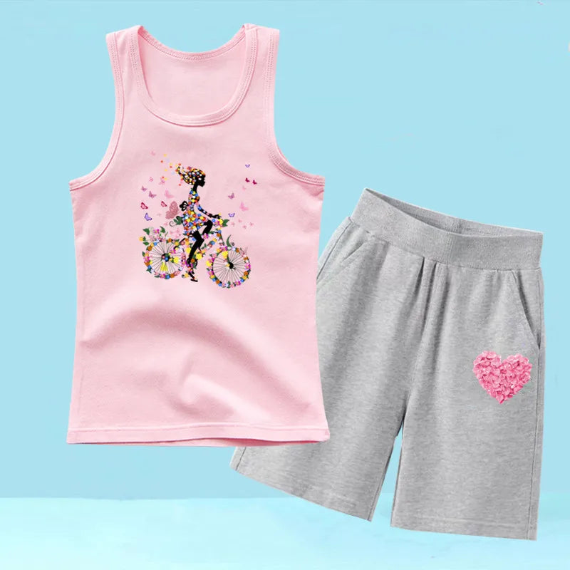 Summer Girls 2PCS Vest Set Perfume Bottle Print Sleeveless Top and Shorts