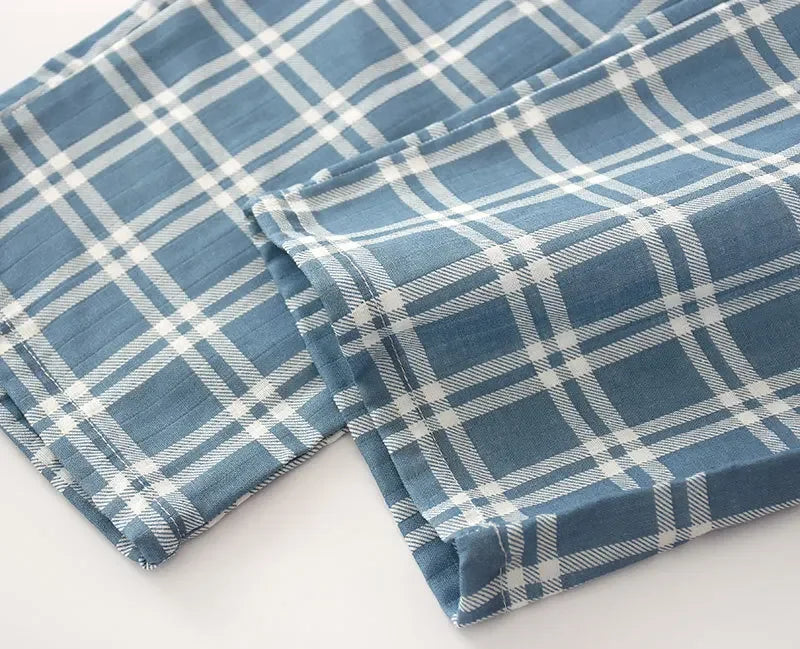 Men's Pajamas Sets Long-sleeved Cardigan Tops and Trousers 100% Cotton Double Gauze Lattice Sleepwear