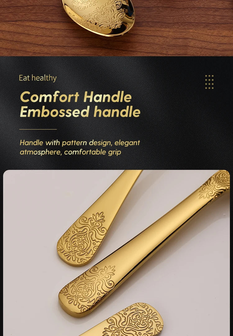 5Pcs Cutlery Set Stainless Steel Tableware Carving Golden Dinnerware
