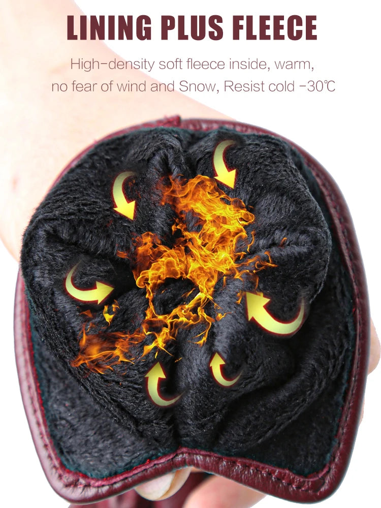 Women's Leather winter warm gloves with velvet thin touch screen