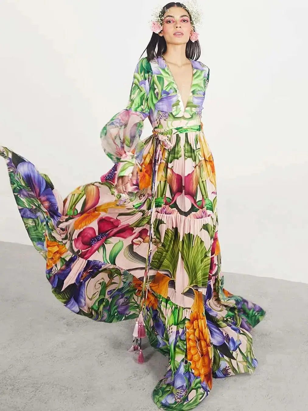 Swimwear 2PC Cover-up Swimsuit Ruffle Printed Deep V One-piece Kimono Bikini Suit