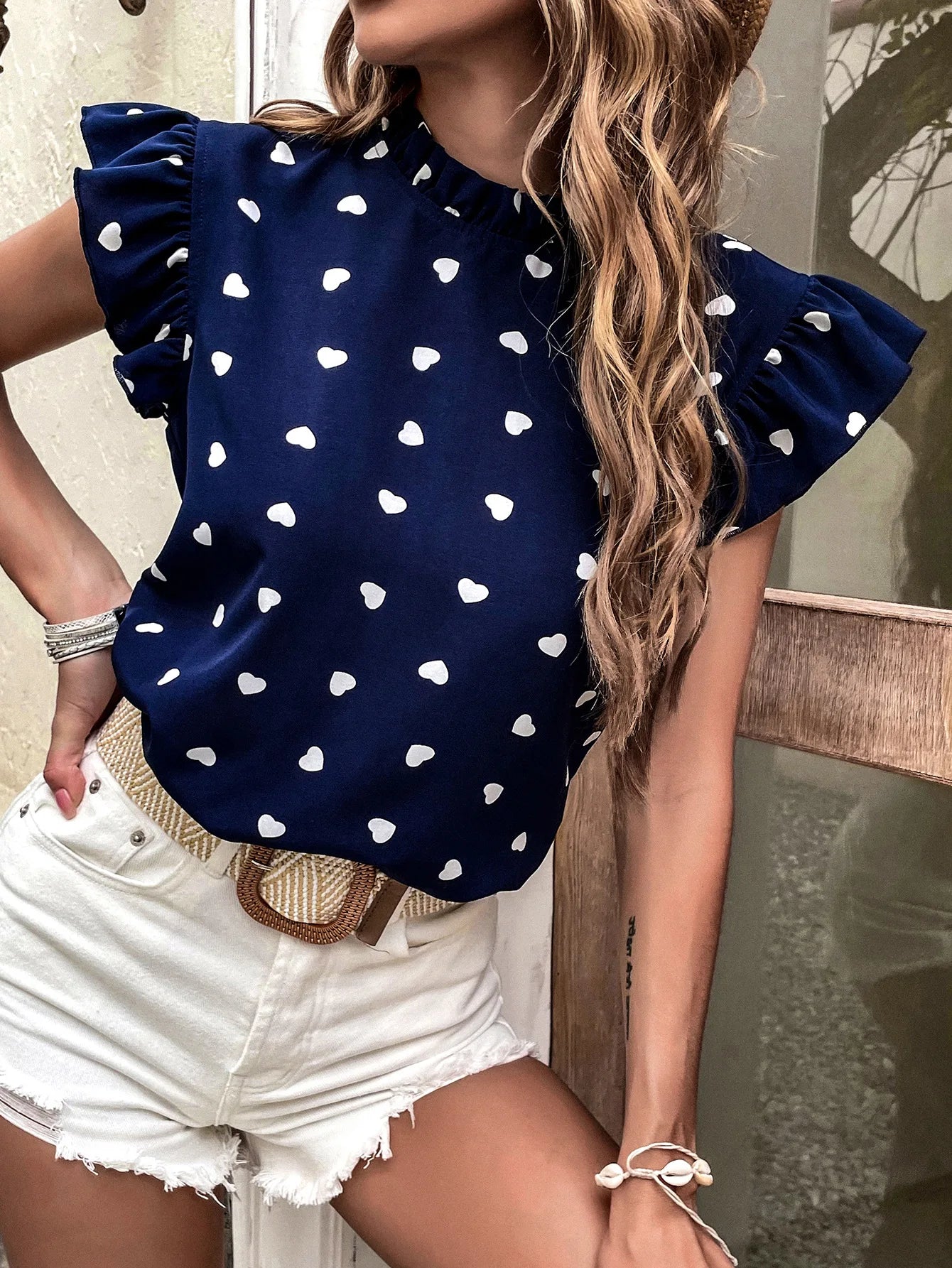 Fashion Chiffon Print Women's Shirt Ruffle Short Sleeve
