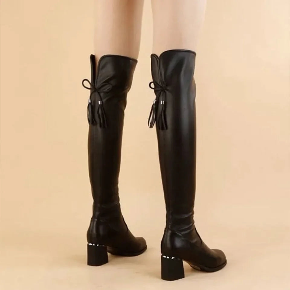 Women Leather Elastic Boots Plush Long Thick Heels Over The Knee Boots