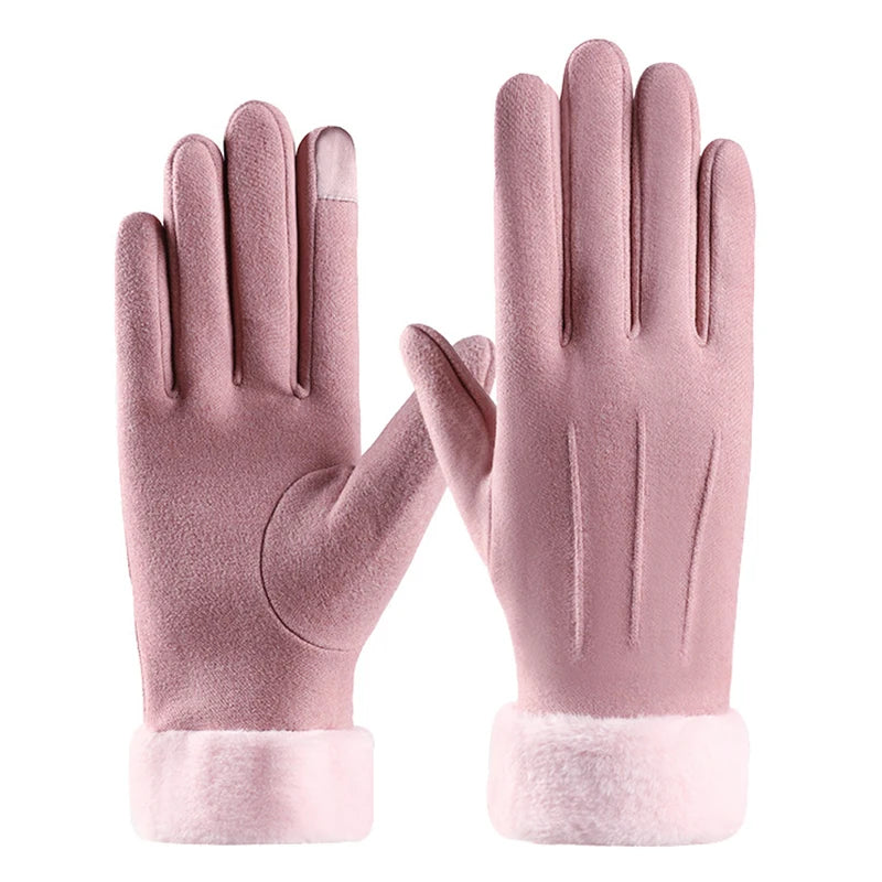 Women Winter Warm Suede Gloves Plus Velvet Thickened Cuff Outdoor Coldproof Touchscreen Riding Ski Gloves