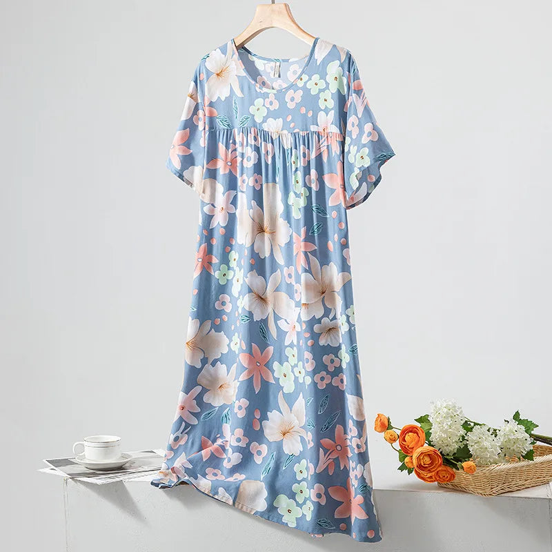 Summer Women Nightgown Short Sleeve Round Neck