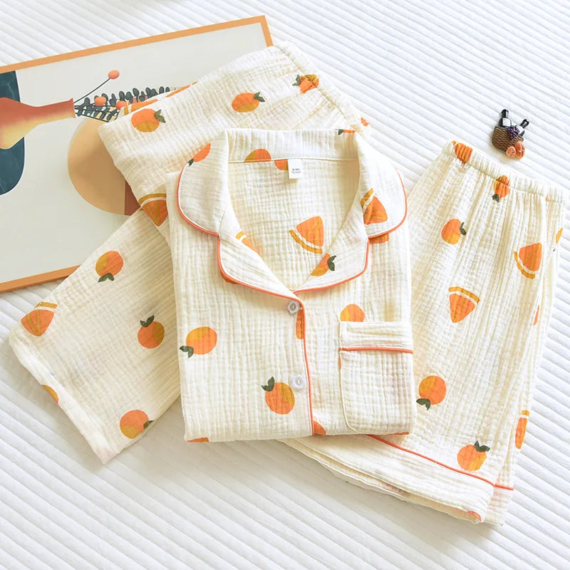 Summer women's cotton crepe three-piece short sleeve + shorts + trousers large size simple flower pajamas