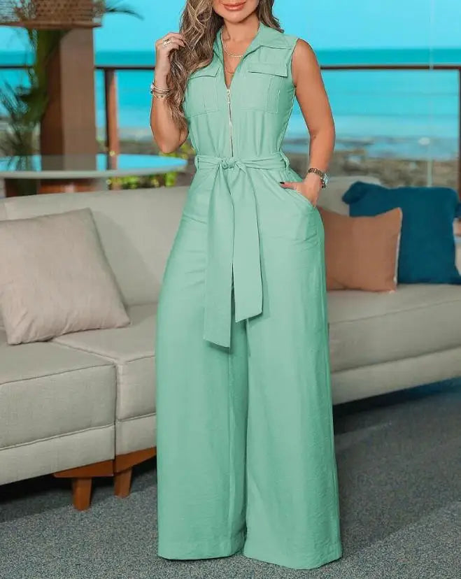 Women's Jumpsuit Solid Color Suspenders Sleeveless Wide Leg Straight Pants