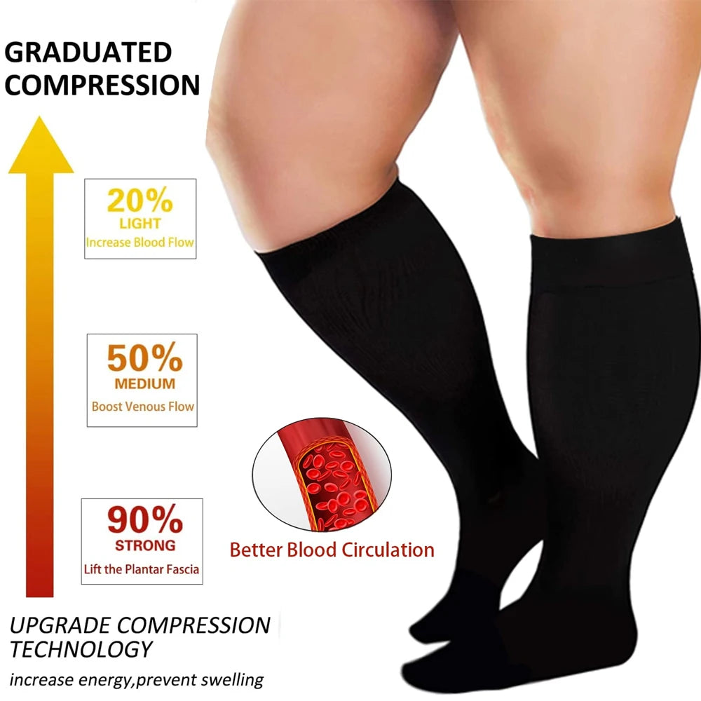 1 Pair 2XL-7XL Large Size Compression Socks for Women and Men 20-30 MmHg Wide Calf Knee Stockings for Sports Running Yoga