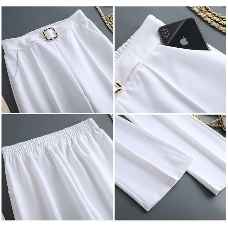 Women High Elastic Waist Silk Wide Leg Pant
