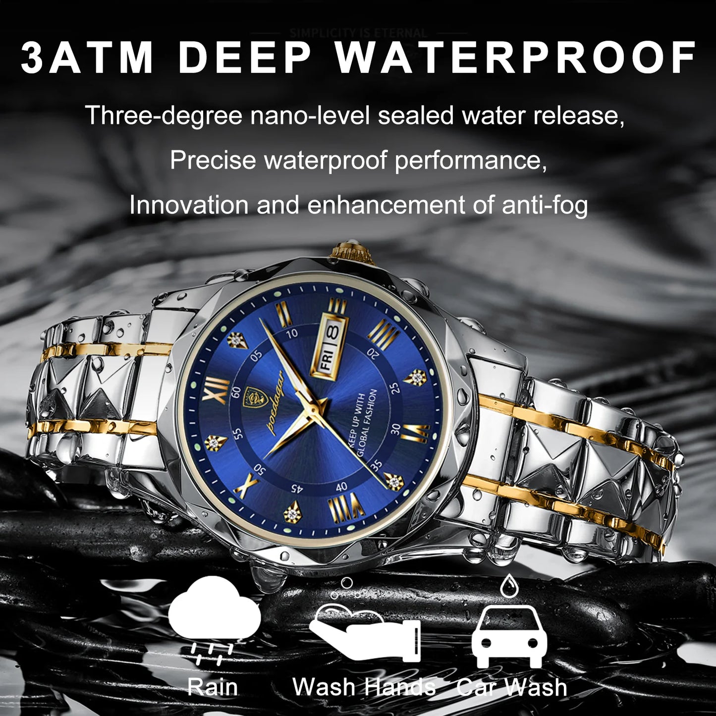 POEDAGAR Top Brand Luxury Men's Waterproof Stainless Steel Quartz Watch Luminous Calendar Week