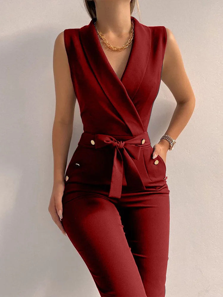 Women Casual V Neck Jumpsuits Button Lace Up Sleeveless Wide Leg Pants