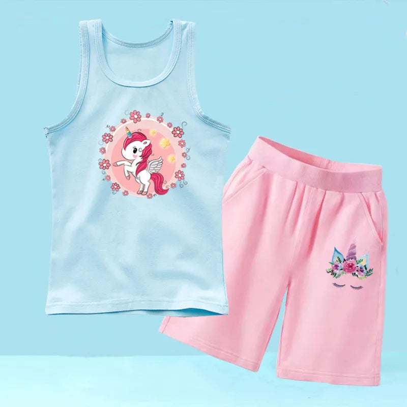 Summer Girls 2PCS Vest Set Perfume Bottle Print Sleeveless Top and Shorts
