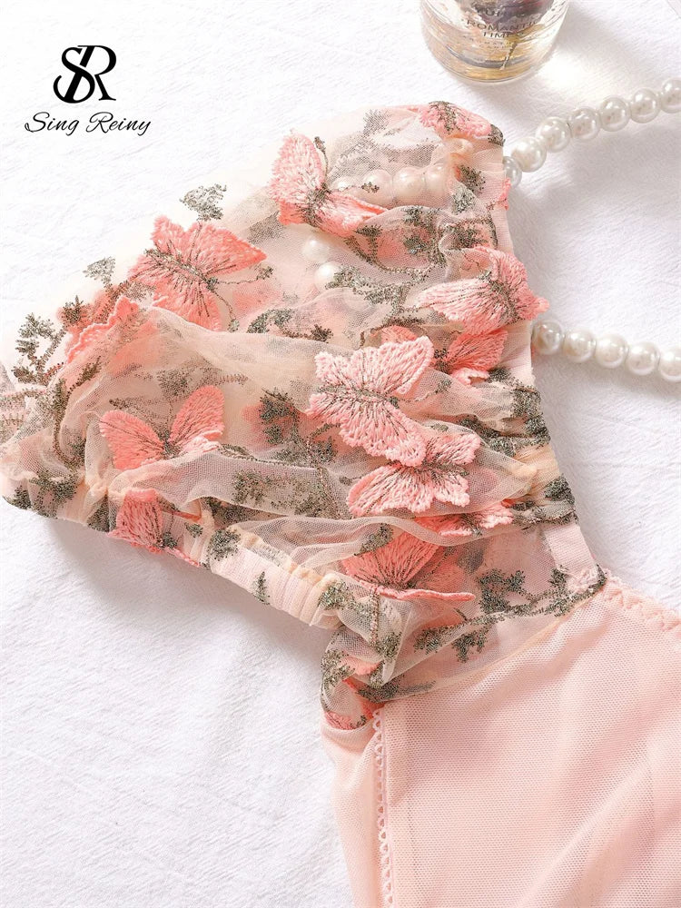 Women Sexy Sheer Lace-Up Puff Sleeves Floral Embroidery Two Piece Set
