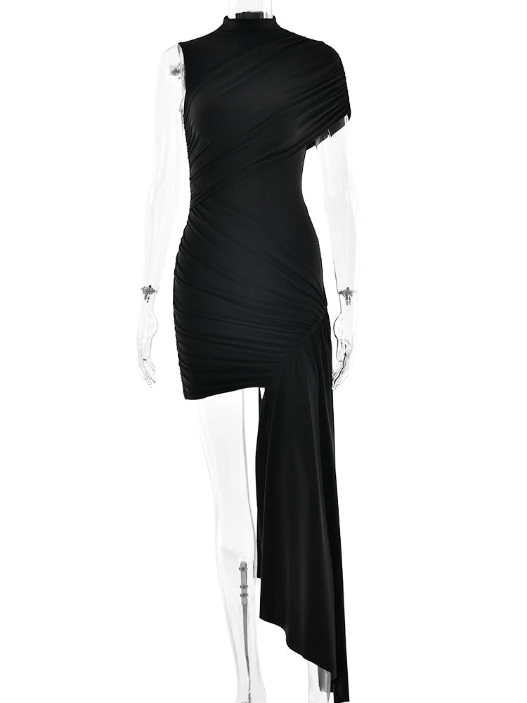 Irregular Round Neck Ruched Ribbon Women Dress