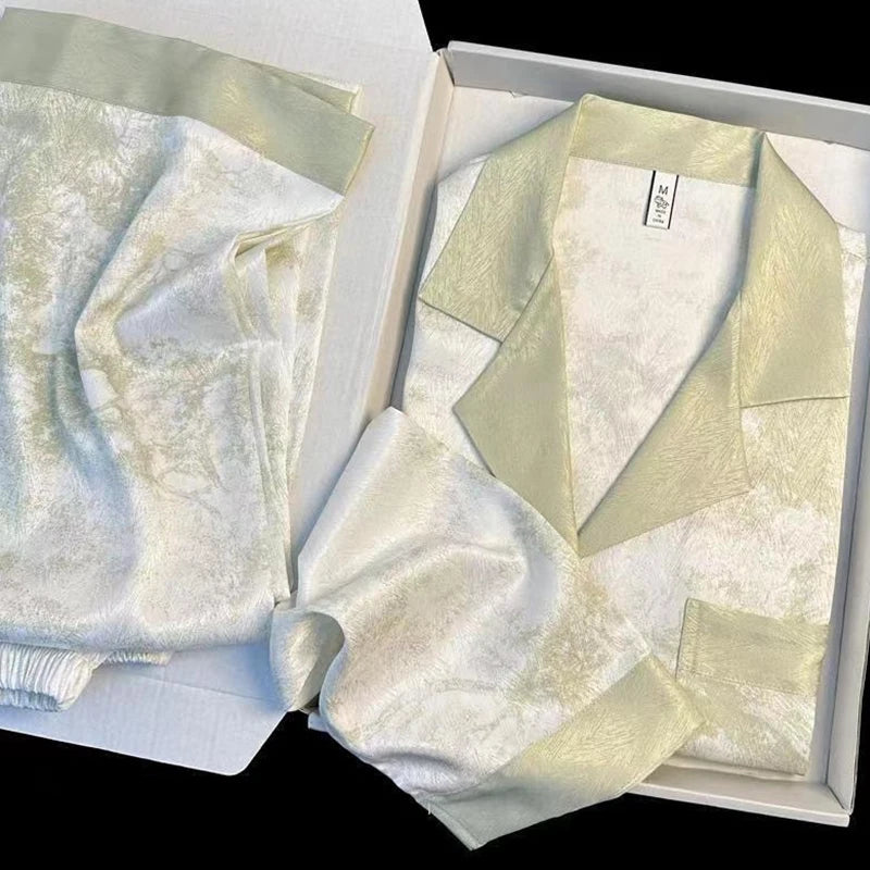 New Ice Silk Women Pajama Lapel Button Cardigan 2 Piece Set