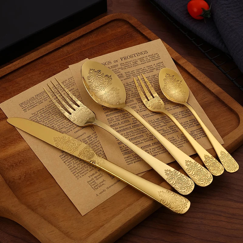 5Pcs Cutlery Set Stainless Steel Tableware Carving Golden Dinnerware